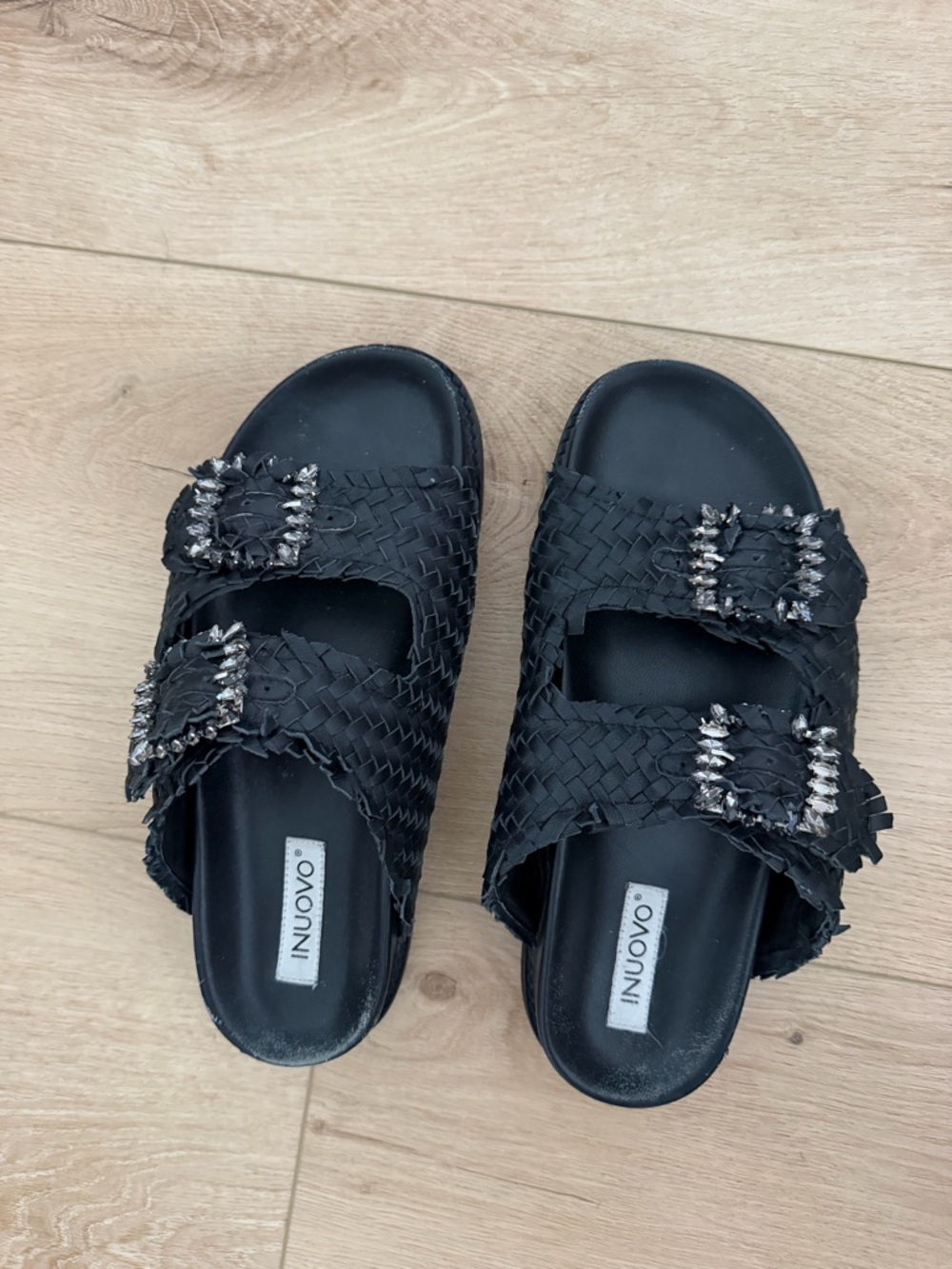 Black Woven Slide Sandals with Decorative Buckles